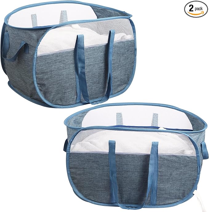 2 Pcs Collapsible Laundry Baskets, Tear Proof Pop Up Laundry Hamper with Dual Handles, Durable Foldable Laundry Basket, Easy to Carry Laundry Hamper for Home, Laundry Room, Bedroom, Dorm, Travel Blue