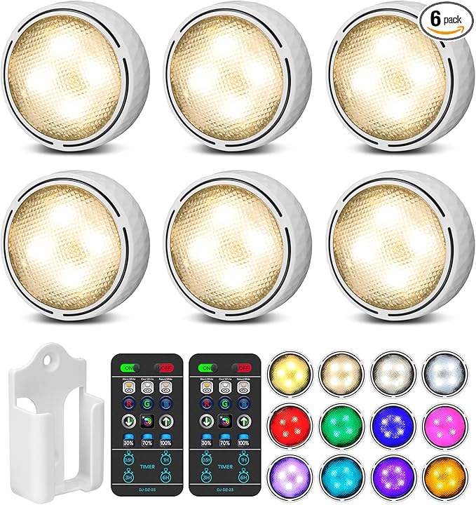 Puck Lights with Remote Control, Battery Operated Wireless Under Cabinet Lighting, Stick on Tap Push Lights for Kitchen, Shelf, 6 Pack - White