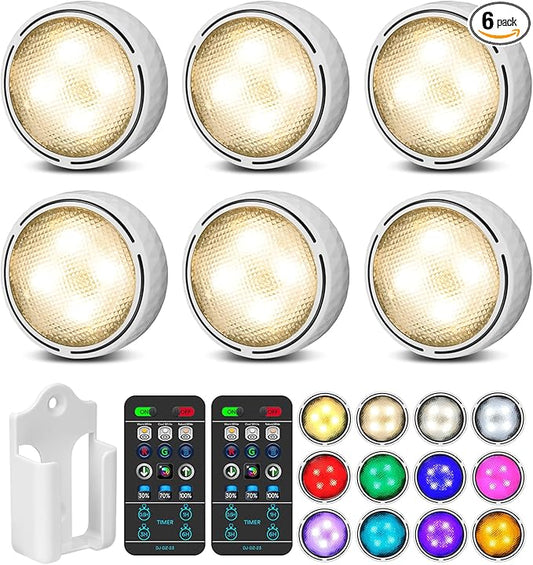 Puck Lights with Remote Control, Battery Operated Wireless Under Cabinet Lighting, Stick on Tap Push Lights for Kitchen, Shelf, 6 Pack - White