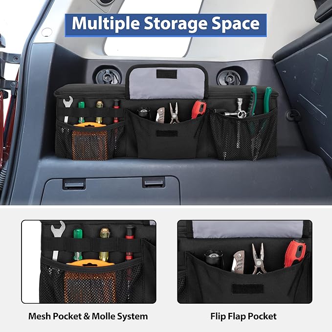 GRAOSO Car Trunk Organizer Compatible with Toyota FJ Cruiser 2007-2021, Rear Storage Bag with 3 Pieces of 1.5” Wide Hook&Loop Tapes, 2 Adjustable Hanging Loops, Multiple Pockets, Black