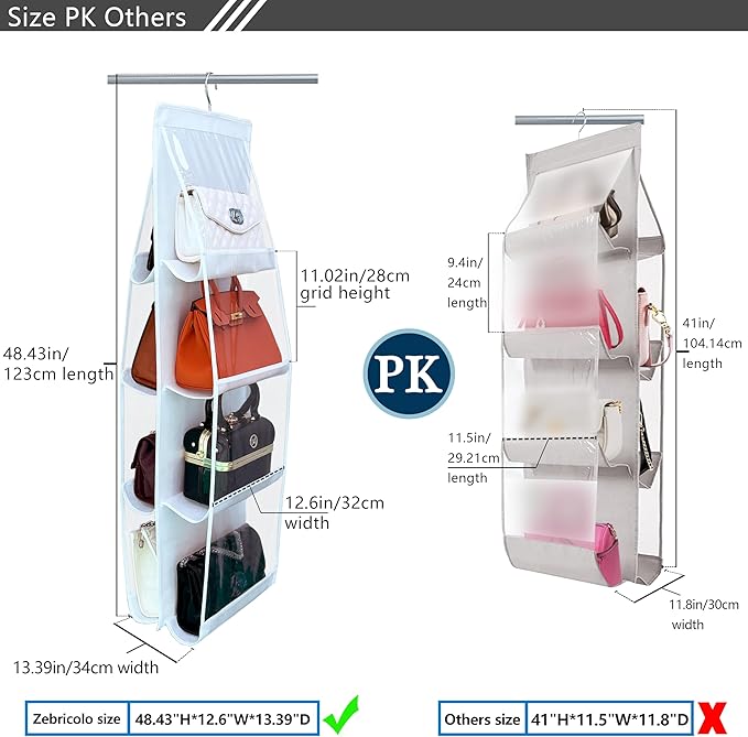 purse organizer, 2 Pack,purse organizer for closet, Upgrade Larger8 Pockets, hand bag storage organizer, thicken Metal Hooks, bag organizer, purse hanger，White