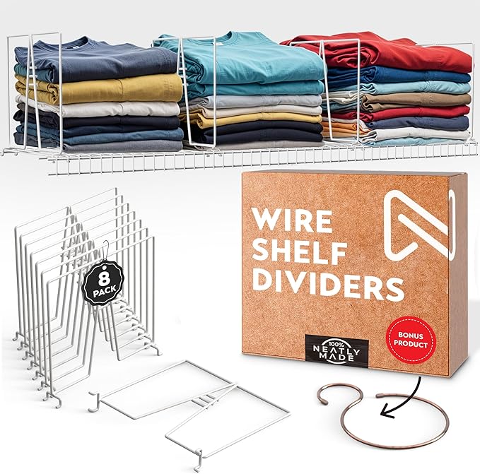White Wire Shelf Dividers for Closet Organization – 16-Pack – Sturdy and Easy Set-Up Closet Shelf Dividers with Bonus Rose Gold Hanger – 12 inches x 12 inches