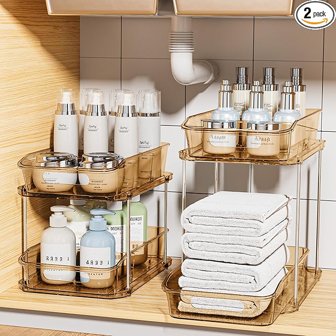 Delamu 2-Tier Under Sink Organizers and Storage, Multi-Purpose Stackable Bathroom Cabinet Organizers, Pull Out Kitchen Pantry Organization and Storage with Dividers(2 Pack, Amber)