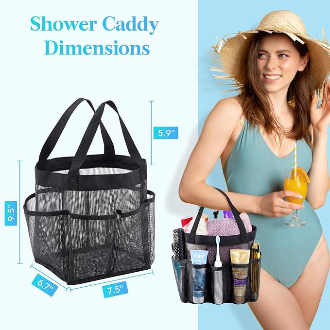 Lifewit Mesh Shower Caddy 2 Packs, Freestanding Portable Shower Tote Bag for Dorm, Bathroom, Gym, Travel, Quick Dry Hanging Organizer with 7 Storage Pockets for Toiletry Essentials, Black&Grey