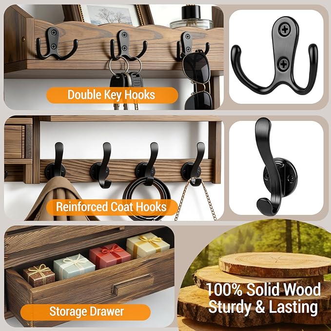 29" Coat Rack Wall Mount with Shelf & Drawer, Heavy Duty Wood Entryway Organizer, Wall Coat Hanger with 12 Metal Hooks, Wall Mounted Coat Rack Key & Mail Holder for Living Room, Bedroom