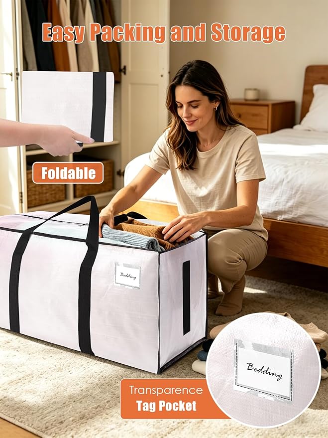 SWEET DOLPHIN 12 Pack 200LB Heavy-Duty Moving Bags with Wrap-Around Handles, Extra Large Storage Totes for Space Saving, Clothes Storage Bags, College Dorm Essentials, Semi-Transparent, 24 Gal