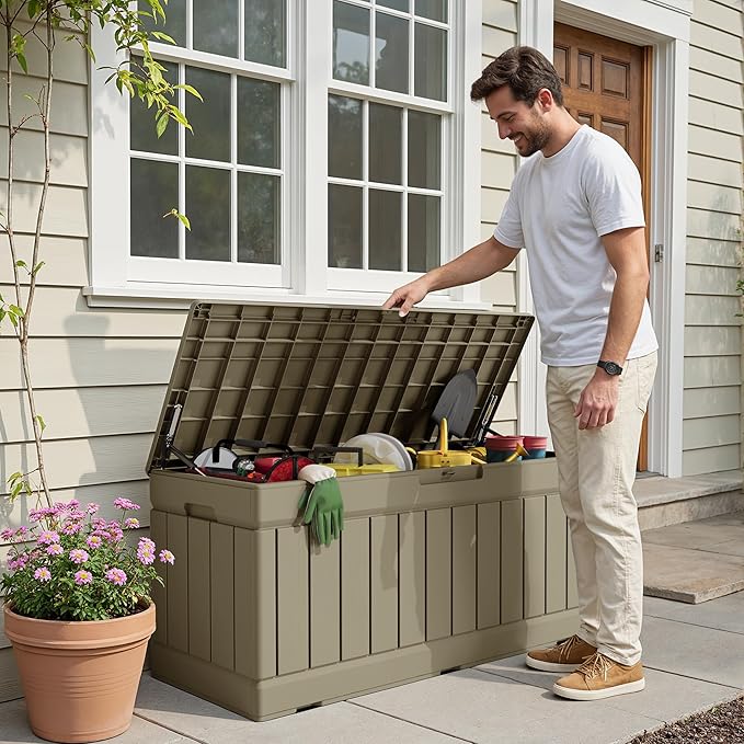 Devoko 78 Gallon Deck Box, Waterproof Resin Outdoor Storage Box for Outside and Patio, Outdoor Storage Bench Lockable for Patio Furniture, Garden Tools and Pool Supplies (Light Brown, 78 Gallon)