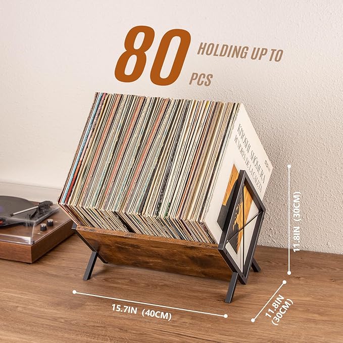 PUERSI Vinyl Record Storage Rack, 80 LP Record Storage Holder, 1 Tier Vinyl Display Shelf with Adjustable Divider, Organizer for Albums, Magazine, Book, Files - Brown
