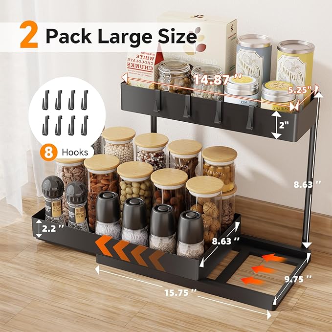 Simple Trending 2 Tier Under Sink Organizers and Storage, Multi-Purpose Pull Out Bathroom Cabinet Organizer, Stackable Kitchen Pantry Organization, Black, 2 Pack