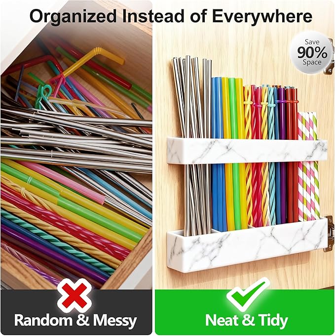 9.5” Large Acrylic Straw Holder for Cabinet Door, Reusable Adjustable Two-Part Straws Organizer with Ultra Sticky Adhesive Strips, 2026 Straw Storage for Kitchen Cupboard