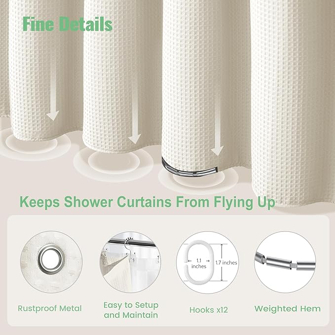 Dynamene Ivory Shower Curtain and Liner Set, Waffle Weave Fabric, Waterproof Clear Liner, 256GSM Heavy Duty Weighted Hotel Luxury Cloth Shower Curtains for Bathroom with 12 Plastic Hooks, 72Wx72H