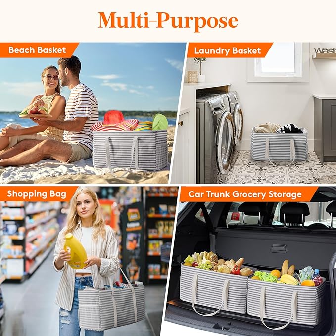 Lifewit Extra Large Tote Bag, Reusable Grocery Bags with Metal Wire Frame and Handles, Standing Utility Foldable Shopping Bags for Storage, Picnics, Beach, Laundry, Car, 46L, 1 Pack, Gray