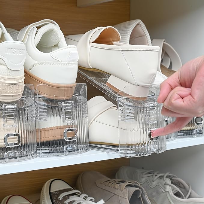 12-Pack Shoe Slots Organizer for Closet, Adjustable Shoe Stacker & Space Saver, Clear Double Deck Shoe Storage for Small Spaces, Transparent