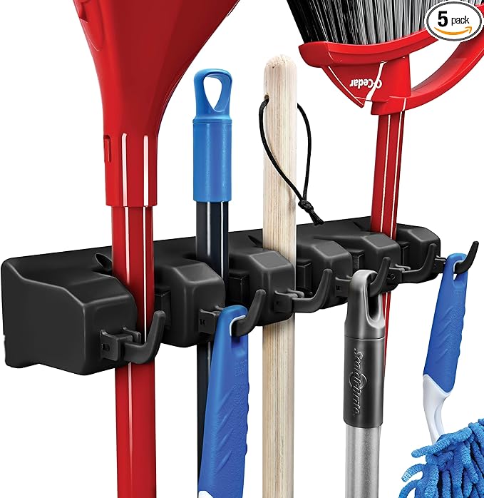 Mop and Broom Holder Wall Mount - Garage Storage Organizer with 5 Slots, 6 Hooks, 7.5lbs Capacity Per Slot - Home, Kitchen, Closet, Garden Tools, Laundry Room Organization – Black Broom Hanger