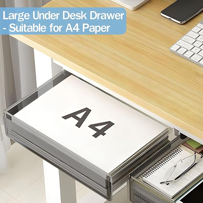 Large Under Desk Table Drawer Storage Organizer A4, Hidden Self-Adhesive Under Desk Pencil Tray Drawer for Office (Clear Black/L)