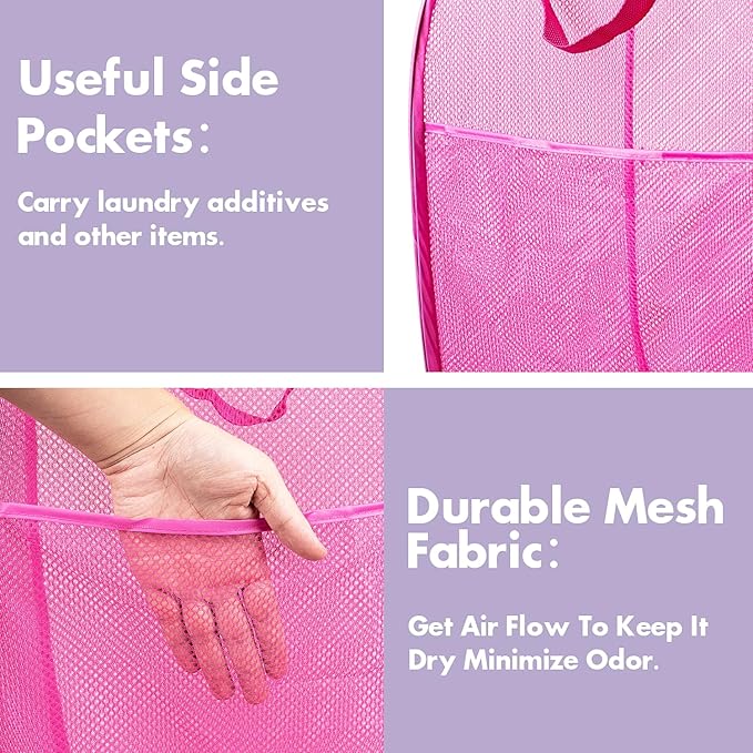 DUCOO Pop Up Laundry Hamper, 70L Collapsible Mesh Laundry Basket with Side Pocket, Foldable Dirty Clothes Hamper with Sturdy Reinforced Handles for Home Dorm Bedroom Travel Storage, Pink, 2Pack