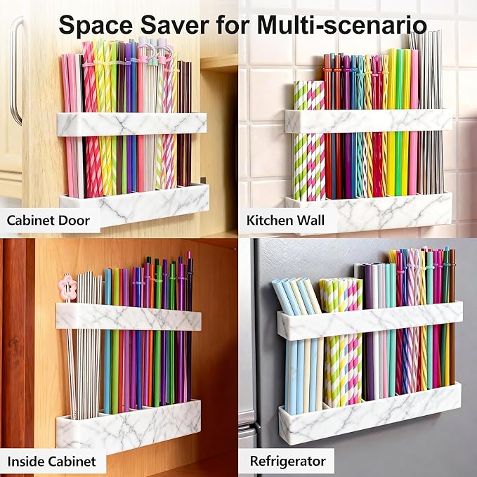 9.5” Large Acrylic Straw Holder for Cabinet Door, Reusable Adjustable Two-Part Straws Organizer with Ultra Sticky Adhesive Strips, 2026 Straw Storage for Kitchen Cupboard