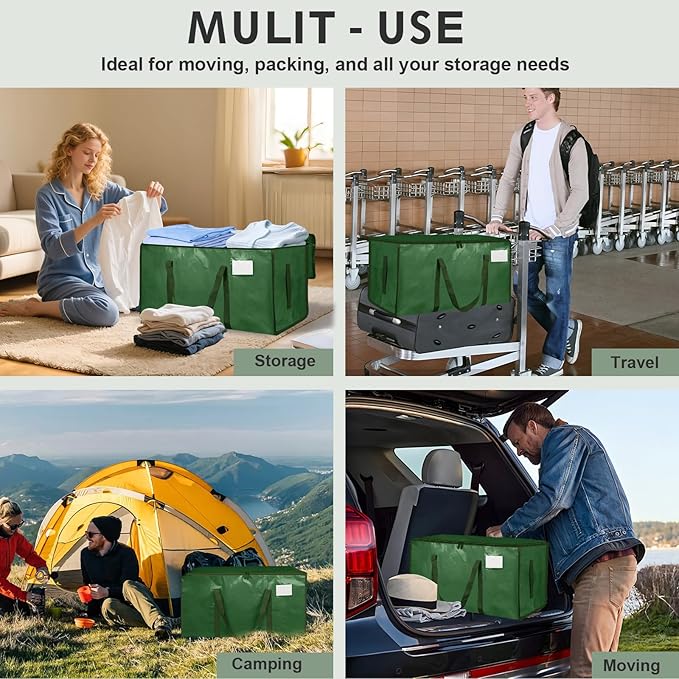 4 Pack-Extra Large Heavy Duty Moving Bags - Waterproof Storage Totes with Handles & Zippers, Foldable for College Dorm, Storage (olive green)