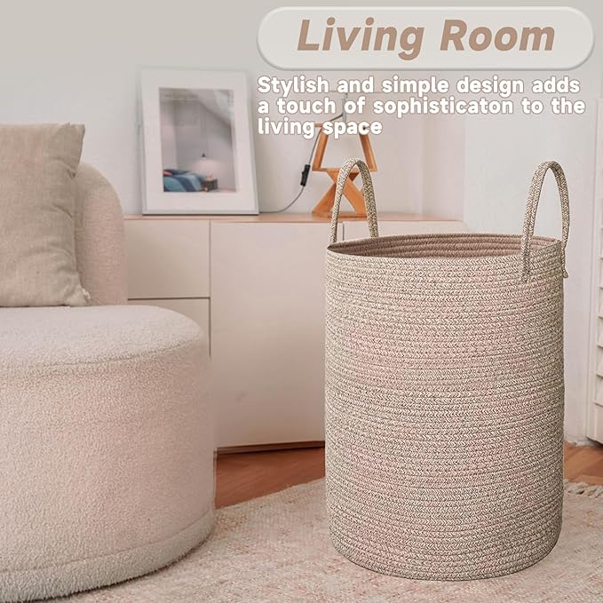 JMvicyroam Large Woven Laundry Basket Hamper,60L Cotton Rope Storage Bin for Blankets,Toys and Clothes,Decorative Tall Nursery Hamper for Living Room,Baby Nursery,Bathroom and Bedroom,Oatmeal