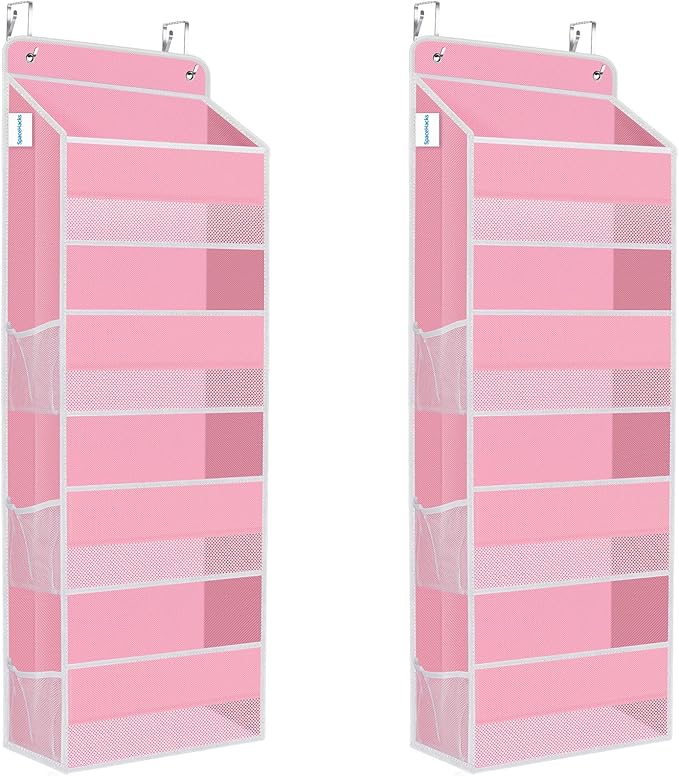 2 Pack Over The Door Organizer Hanging Storage Organizers with Clear Window 40lb Large Capacity Room Organizer for Pantry Laundry Bathroom Nursery Closet(Pink)