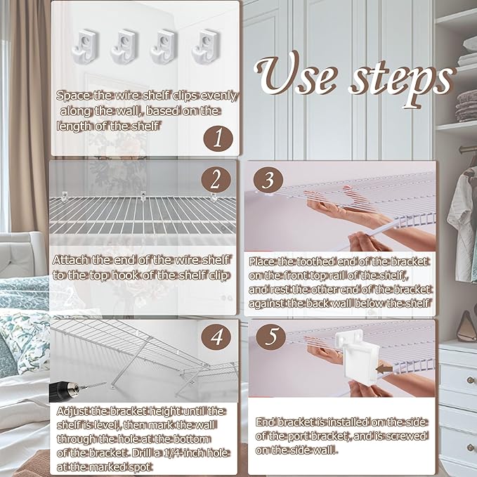 4PCS 12 Inch Wire Shelf Brackets, Heavy Duty Wire Shelving Support Brackets, Closet Rack Support with End Brackets & Clips, Closet Wire Shelf Support Brackets for Laundry, Closet, Garage