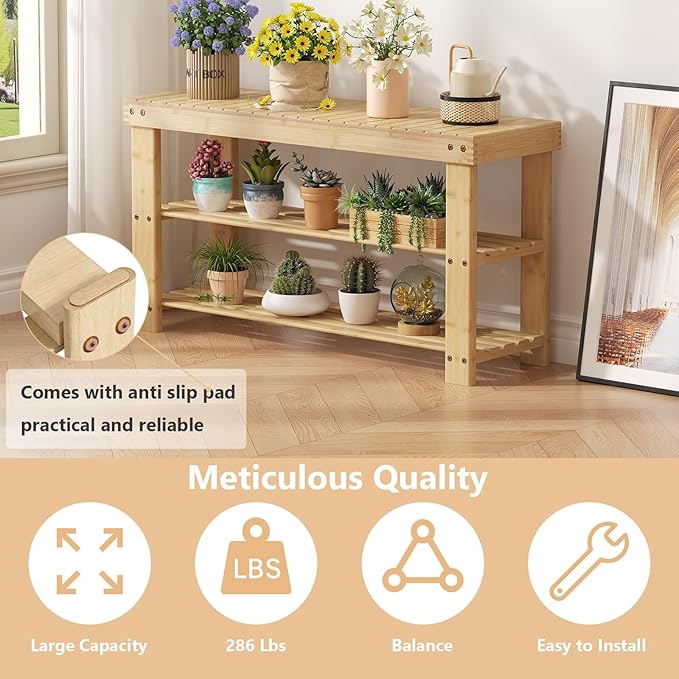 Sweetcrispy Shoe Rack Bench, 3-Tier Bamboo Entryway Storage Organizer, 286lb Capacity, Shoes Stand for FrontDoor Entrance, Bedroom, Living Room, Bathroom, Balcony, 35 Inches Length, Wood