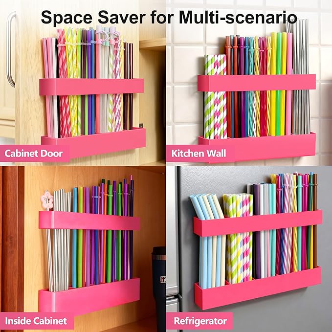 9.5” Large Acrylic Straw Holder for Cabinet Door, Reusable Adjustable Two-Part Straws Organizer with Ultra Sticky Adhesive Strips, 2026 Straw Storage for Kitchen Cupboard