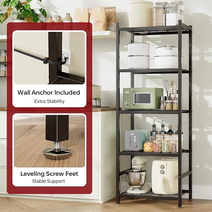 Storage Shelves, 5-Tier Metal Shelving Unit with Adjustable Feet, Compact Shelf Organizer for Garage, Kitchen, Pantry and Closet Organization,17.7" x 11.8" x 56.3", Black