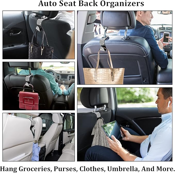 Dermasy 2 Pack Car Hooks, 2021 New Bling Rhinestones Crystal Hooks Car Decorations Auto Seat Back Organizers Strong and Durable Backseat Hanger Storage Universal for SUV Truck Vehicle (Silver)