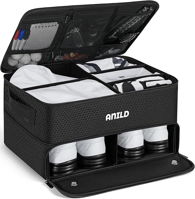ANILD Golf Trunk Organizer, 2 Layer Golf Storage Case with Separate Ventilated Compartment for 2 Pair Shoes, for Balls, Tees, Clothes, Gloves, Accessories, Golfer Gifts