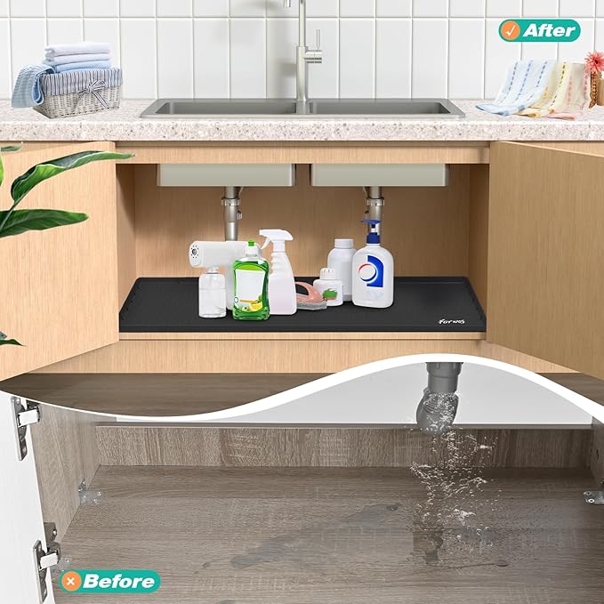 Waterproof Under Sink Mat 28" x 22", Silicone Cabinet Liner, Rubber Protector for Kitchen and Bathroom, Keeps Cabinets Clean, Dry, and Organized (Black)