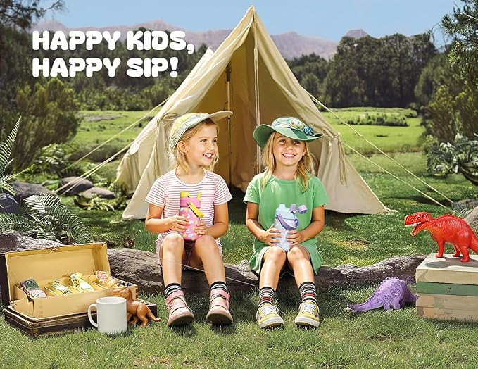 12 oz Kids Insulated Water Bottle for School: 2-in-1 Straw Spout Lid, Leakproof, Keep Cold 24H, Stainless Steel Cup with Leather Sleeve for Travel, Camping, Gift for Girl Daughter (Twinkleberry Patch)