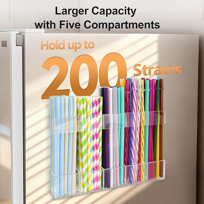 9.5” Large Acrylic Straw Holder for Cabinet Door, Reusable Adjustable Two-Part Straws Organizer with Ultra Sticky Adhesive Strips, 2026 Straw Storage for Kitchen Cupboard