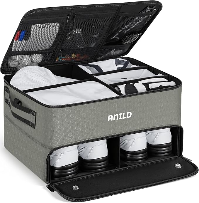 ANILD Golf Trunk Organizer, 2 Layer Golf Storage Case with Separate Ventilated Compartment for 2 Pair Shoes, for Balls, Tees, Clothes, Gloves, Accessories, Golfer Gifts
