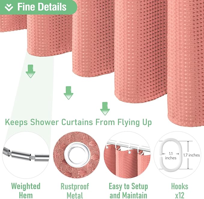 Dynamene Extra Long Shower Curtain - 84 Inch Long Waffle Weave Heavy Duty Fabric Bathroom Shower Curtain, Neutral Weighted Hotel Thick Bath Curtain Set with 12 Plastic Hooks,72x84, Coral