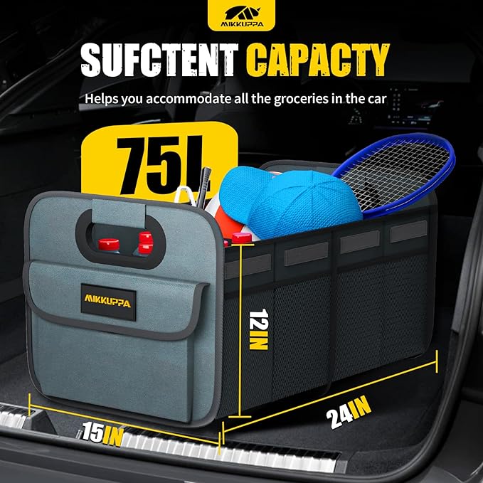 MIKKUPPA Car Trunk Organizer - 75L Collapsible Trunk Organizer for Groceries, Trunk Storage Organizers for SUV Auto Truck Van with Non Slip Bottom (Gray)
