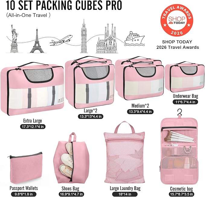 Veken 10 Set Packing Cubes for Travel Essential, Suitcase Organizer Bags in 4 Sizes, Carry-On Luggage Accessories with Large Laundry & Shoes Bag, Must-Have for Airplane, Road Trip & Camping