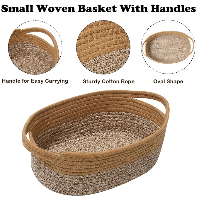 Small Woven Rope Basket-Empty Gifts Basket with Bag and Ribbons,Cute Handle Organizer Box for Birthday/Baby Shower, Toy Storage, Nursery Organizing & Shelf Decor(Jute&Mixed Brown)