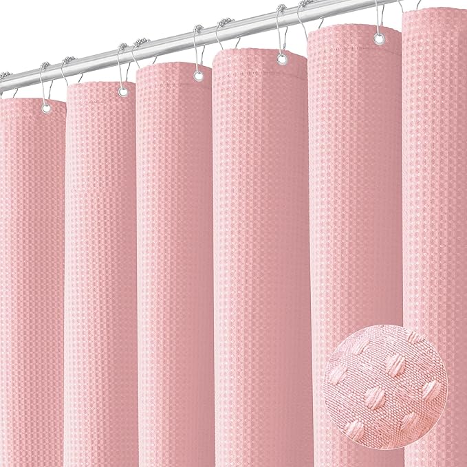 Dynamene Stall Fabric Shower Curtain - 54x78 inch Long Waffle Weave Weighted Thick Cloth Shower Curtains for Bathroom,Heavy Duty Hotel Spa Luxury Bath Curtain Set with 10 Plastic Hooks, Pink