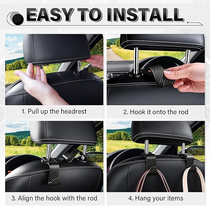 SINGARO Universal 2 Pack Car Seat Headrest Purse Hook, Carbon Fiber Back Seat Hook Storage Organizer Hanger for Purse Handbag Coat, Car Interior Accessories(Black)