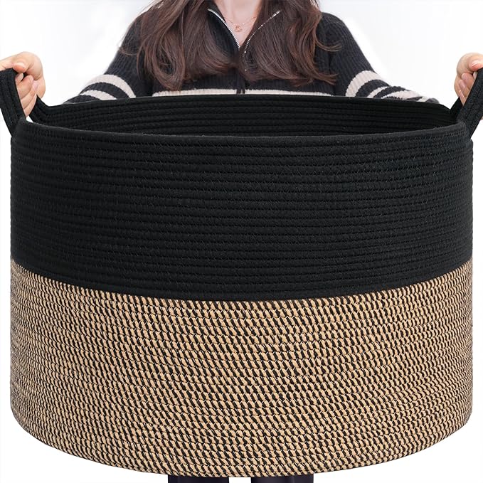 INDRESSME Large Storage Baskets for Organizing, 21.7 x 13.8 Blanket Basket Living Room Dog Toy Bin, Woven Laundry Basket for Dirty Clothes, Pillows, Towel, 90L Mix Black