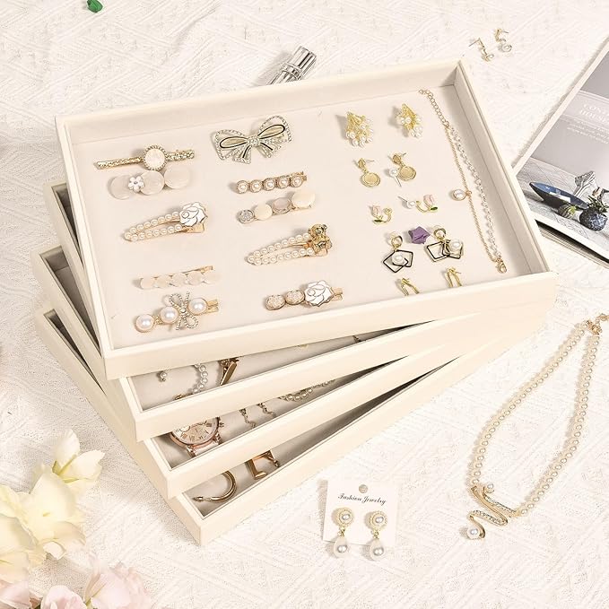 Beige Velvet Jewelry Trays for Drawers Black Jewelrys Display Tray Stackable Jewelry Organizer Trays for Necklace Bracelet Ring Watch (4 Pack)
