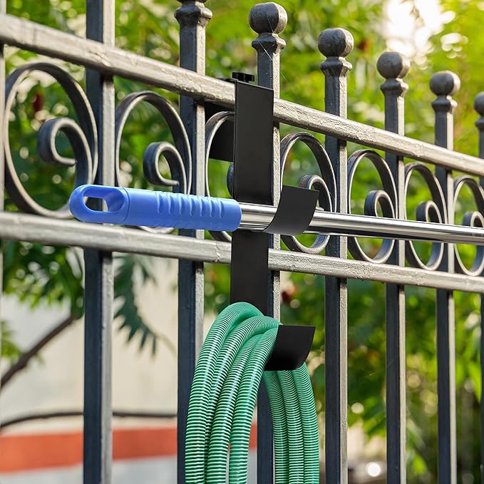 codree 2 Pcs Adjustable Pool Fence Hooks for Pool Equipment, Black Heavy Duty Fence Hooks for Pool Poles, Slipe-on Fence Hanger for Pool Hose Pool Skimmer, Fits 1.4 Inch to 3 Inch Railing