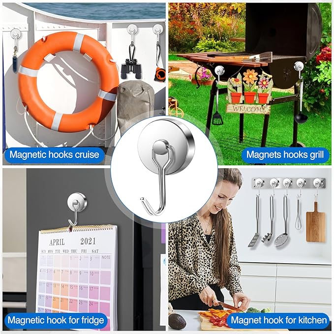 LOVIMAG Hooks, 120lbs+ Magnetic Magnet Hook 2025 Cruise Cabin Ship Essentials Heavy Duty Strong Refrigerator Fridge Hanging for Classroom Beach Vacation Kitchen Grills Home Mug Hanger (3 Pack), Silver