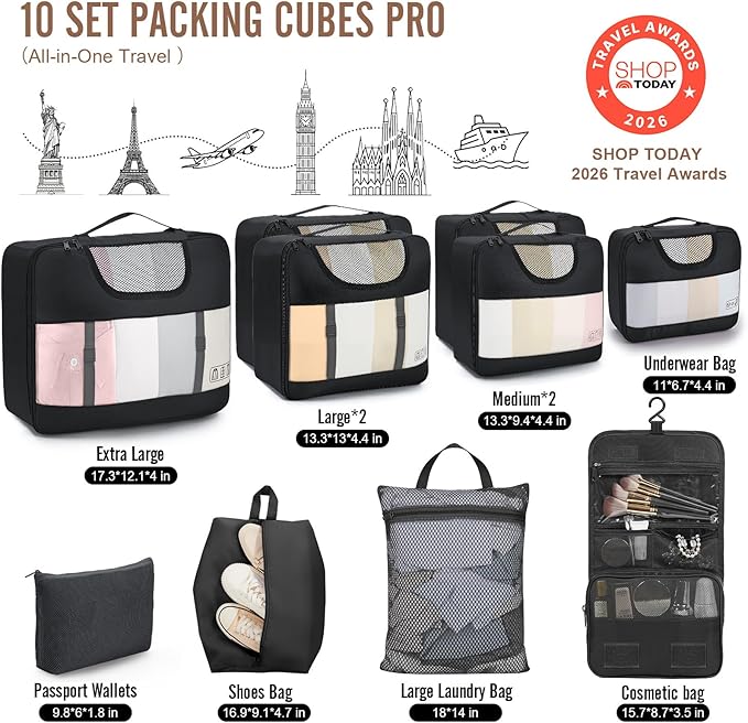 Veken 10 Set Packing Cubes for Travel Essential, Suitcase Organizer Bags in 4 Sizes, Carry-On Luggage Accessories with Large Laundry & Shoes Bag, Must-Have for Airplane, Road Trip & Camping