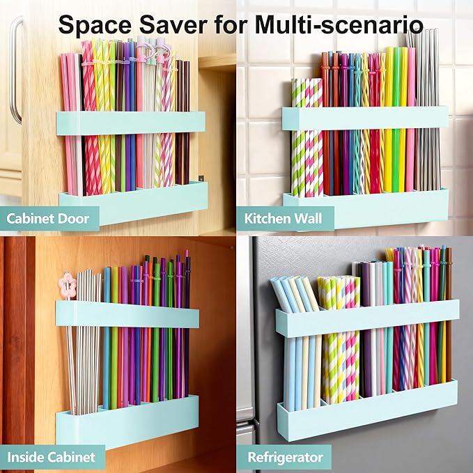9.6” Large Acrylic Straw Holder for Cabinet Door, Reusable Adjustable Two-Part Straws Organizer with Ultra Sticky Adhesive Strips, 2026 Straw Storage for Kitchen Cupboard(Mint Blue)
