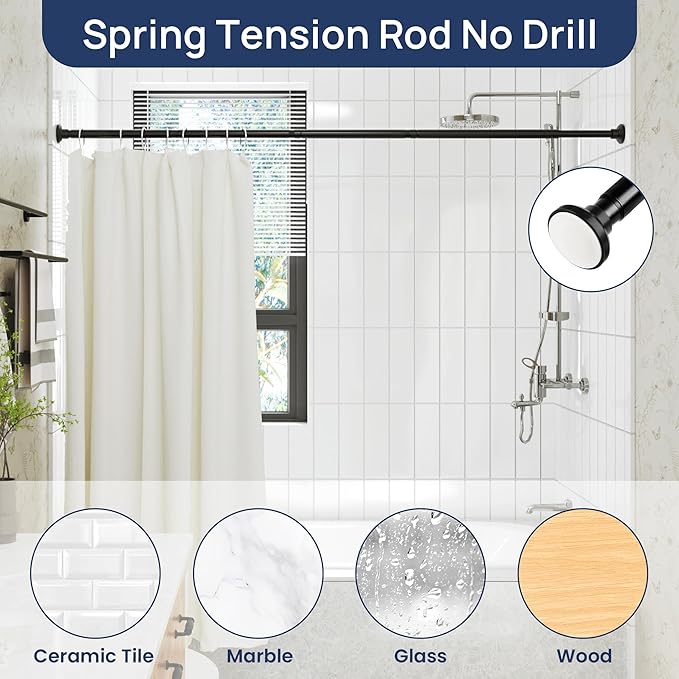ENJOYBASICS Matte Black Shower Curtain Rod 30 to 52 Inches, 1 Inch Stainless Steel Adjustable Spring Tension Rods No Drill for Bathroom, Closet, Window, Room Divider, Never Rust, Non Slip