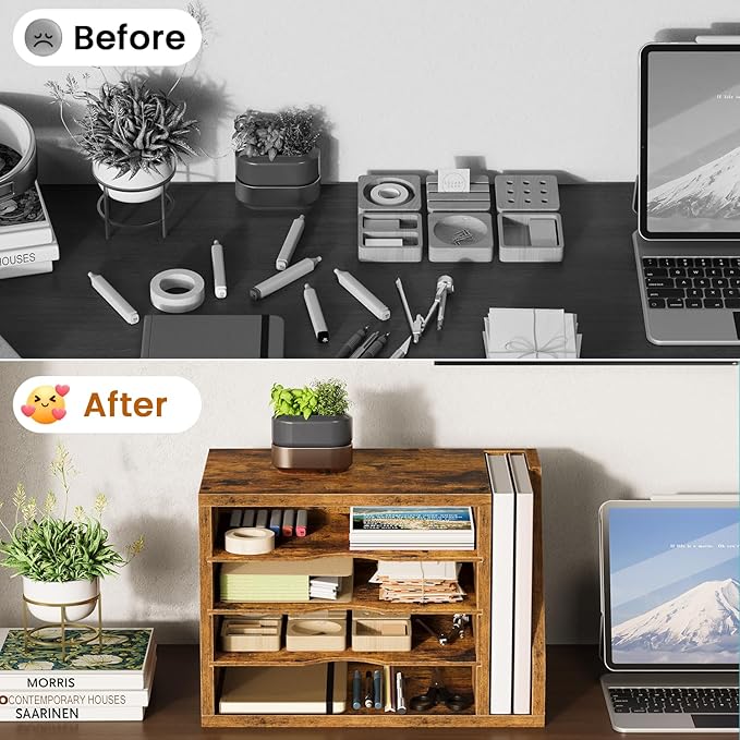 Creso hom Mail Sorter, File Organizer Desktop, Wood Desk Organizer with 3 Adjustable Shelves, Mail Holder for Office, Home, Letter Sorter File Holders for Envelopes, Supplies Magazines, Rustic Brown