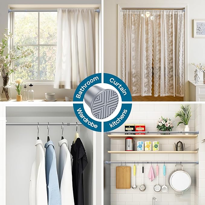 AIZESI Silver Adjustable Tension Curtain Rod, 31-63 Inch Spring No Drill Stainless Steel Shower Rods for Bathroom，Closet ，Window–Rust Resistant，Non-Slip