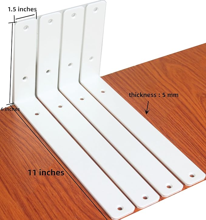 12 Pack - L 11" x H 6" x W1.5, 5mm Thick White L Shelf Bracket, Iron Shelf Brackets, Metal Shelf Brackets, Floating Shelf, Shelf Supports with Screws